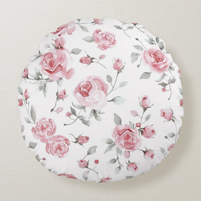 Rosa rosor Blommig   Rund Kudde (Framsidan)