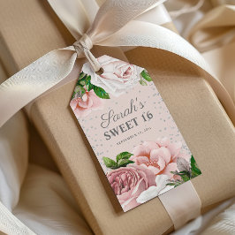 Rosa rosor Blommig Silverglitter Sweet 16 Namn Presentetikett