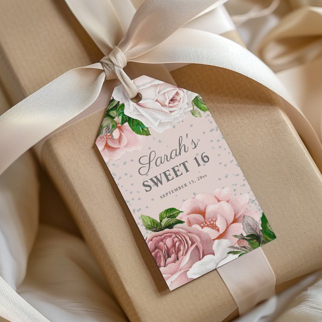Rosa rosor Blommig Silverglitter Sweet 16 Namn Presentetikett (Blush pink vintage floral custom Sweet 16 gift tags)