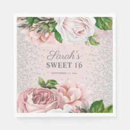 Rosa rosor Blommig Silverglitter Sweet 16 Pappersservett