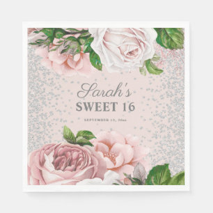 Rosa rosor Blommig Silverglitter Sweet 16 Pappersservett
