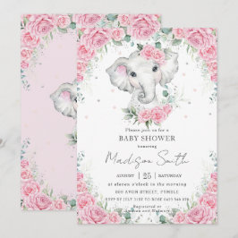 Rosa rosor Blommig Söt Elefant Bebis Shower Inbjudningar