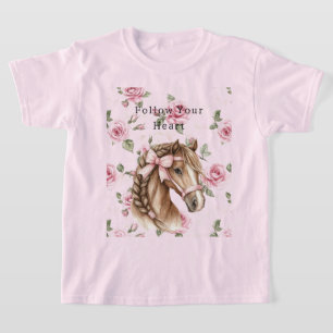 Rosa rosor Blommig söt häst Rosa band T Shirt