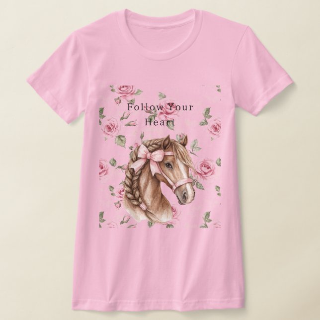 Rosa Rosor Blommig Söt Häst Rosa Slinga T Shirt (Laydown)