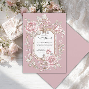Rosa rosor Blommig Vintage Babykalas Inbjudningar