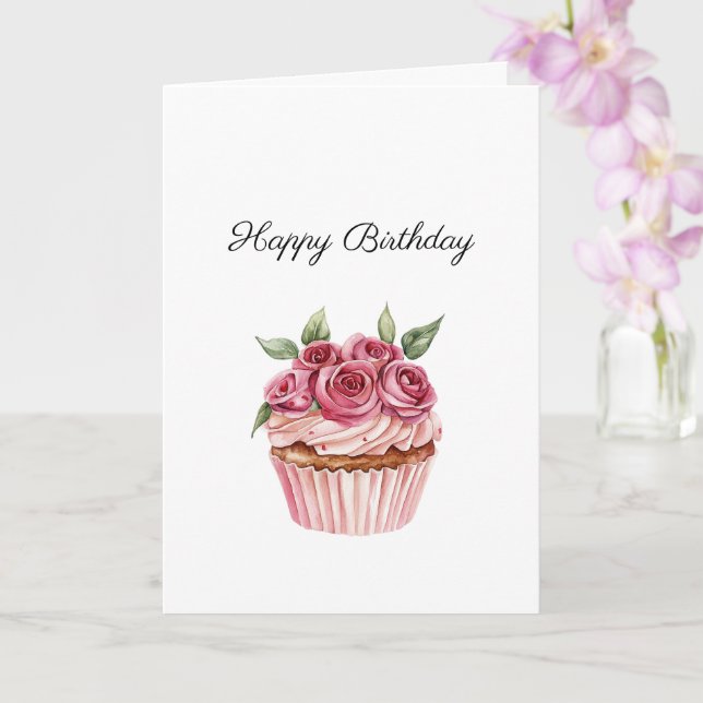 Rosa Rosor Blommiga Cupcakes Födelsedag Kort (Orkide)