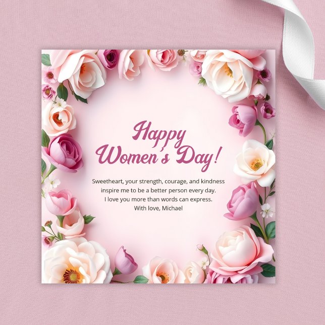 Rosa Rosor Blommor 8 Mars Internationella Kvinnoda Julkort (Pink Roses Floral 8 March International Women Day Holiday Card Template)