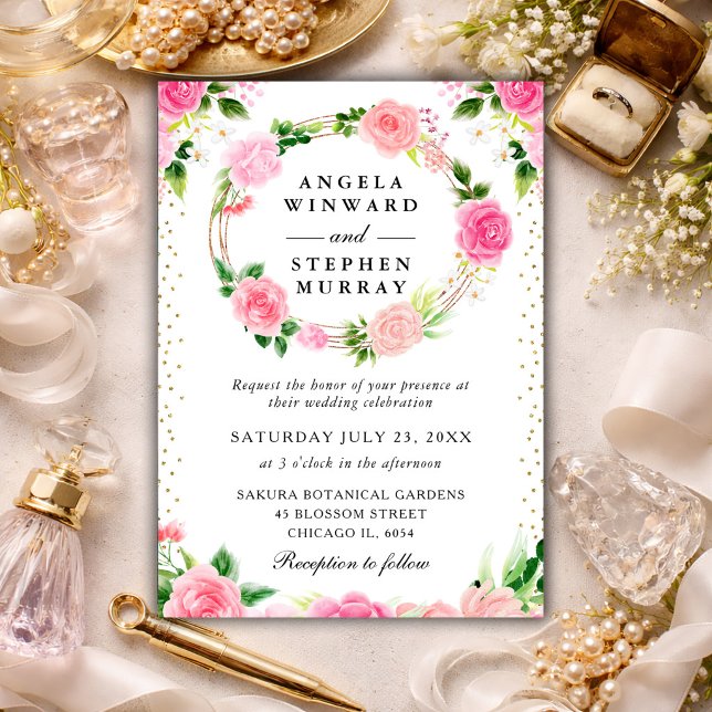 Rosa rosor blommor krans bröllop inbjudningar (Skapare uppladdad)