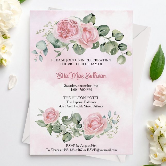 Rosa rosor blommor och grönt 80-årsdag inbjudningar (Skapare uppladdad)