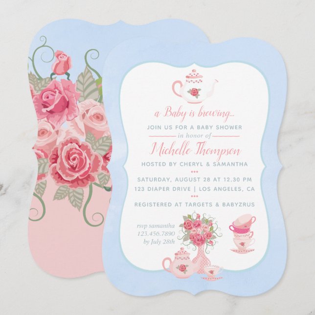 Rosa rosor Blomsterlig Tea Party Baby Shower-inbju Inbjudningar (Fram/baksida)