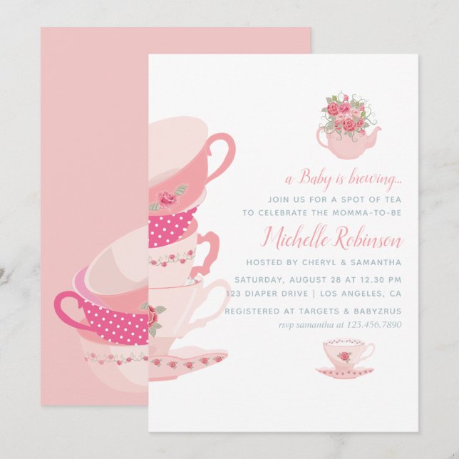 Rosa rosor Blomsterlig Tea Party Baby Shower-inbju Inbjudningar (Fram/baksida)