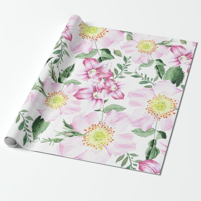 Rosa Rosor Boho Vattenfärg Blommig Mönster Presentpapper (Utrullad)