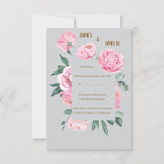 Rosa Rosor Bröllops Middagssvar Måltidsval OSA Kort (Framsida)