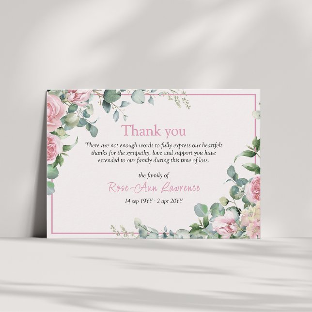 Rosa rosor eucalyptusblad blomster ram begravning tack kort (pink roses border floral thank you funeral card)