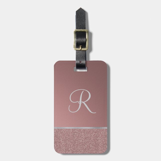 Rosa rosor för glitter med silvermonogramen bagagebricka (Vertikal Framsida)