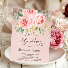 Rosa rosor, glitter bokeh baby shower inbjudningar
