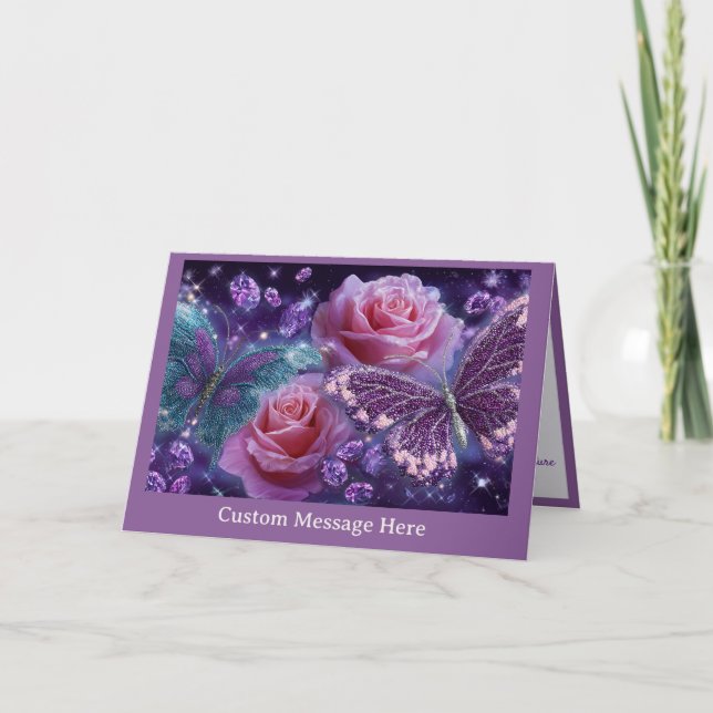Rosa rosor & glitterfjärilar Personlig Glam Kort (Framsida)