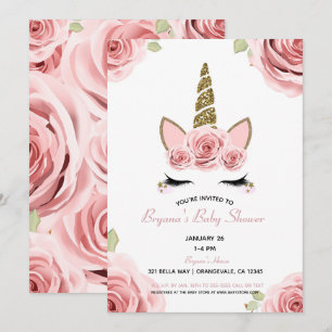 Rosa rosor guld glitter enhörning blomster baby sh inbjudningar
