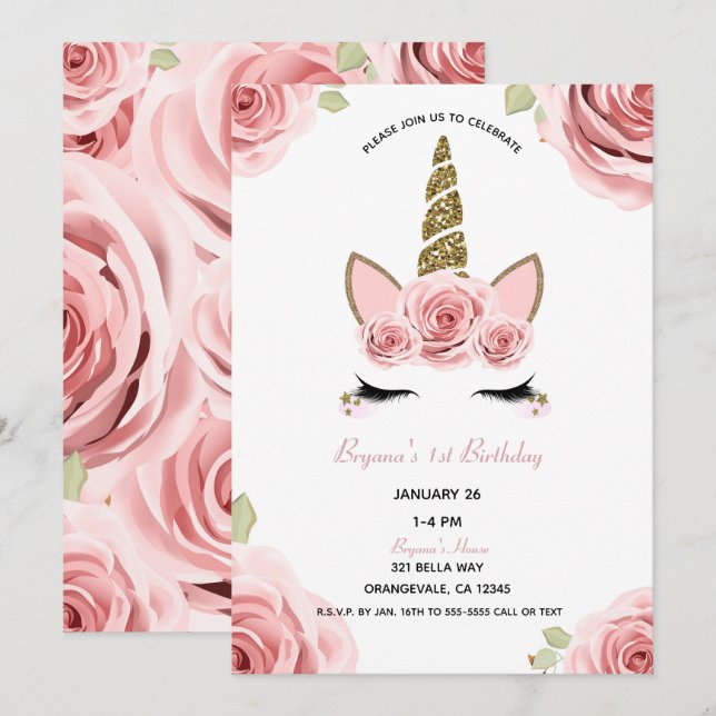 Rosa rosor guld glitter enhörning blomster födelse inbjudningar (Fram/baksida)