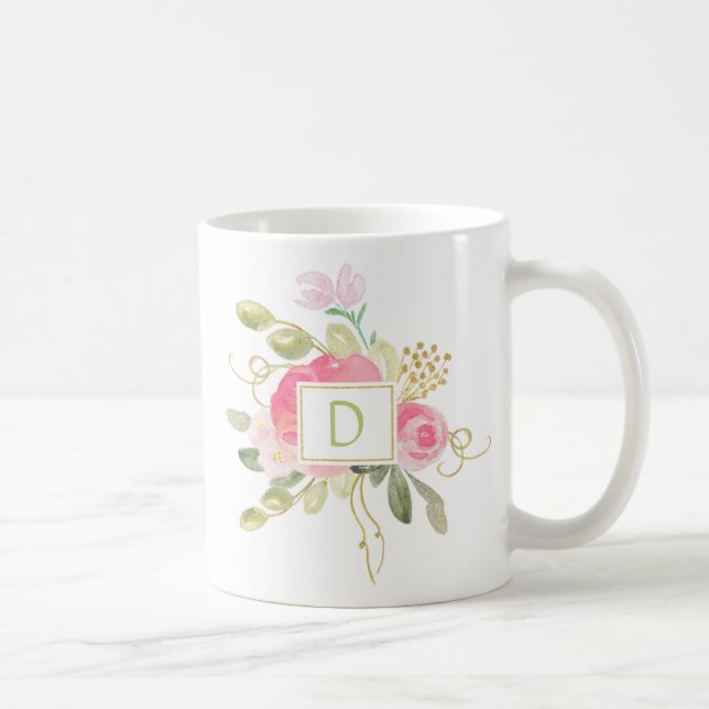 Rosa rosor guldgnist gröna blad monogrammugge kaffemugg (Höger)