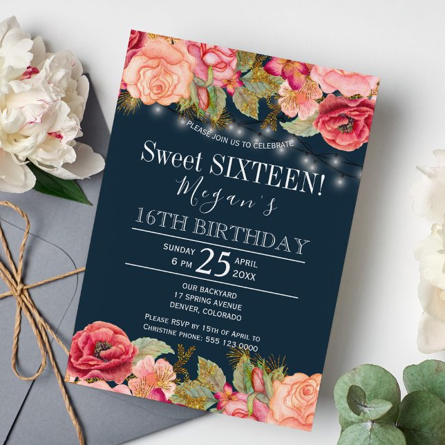 Rosa rosor guldsträngar ljus marinblå sweet 16 inbjudningar (Skapare uppladdad)