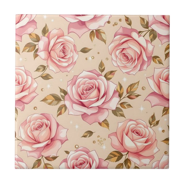 Rosa rosor Gyllene blad Mönster Kakelplatta (Framsidan)