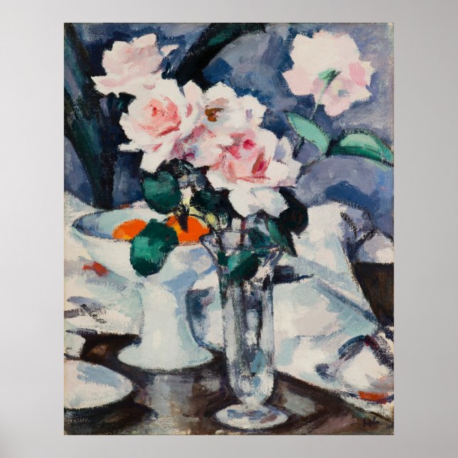 Rosa rosor i glasvas, berömd målning poster (Framsidan)