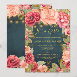 Rosa rosor i navy och guld ljus baby girl shower inbjudningar