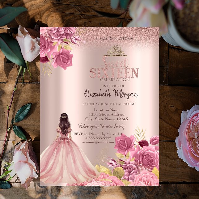 Rosa rosor Klänning Glitter Rosa Guld  Sweet 16 Inbjudningar (Skapare uppladdad)
