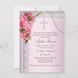 Rosa rosor kors första nattvard eller dop inbjudningar