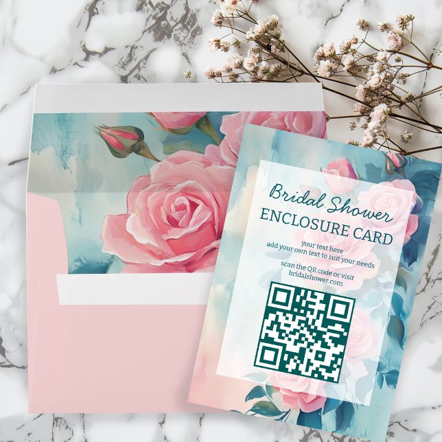 Rosa rosor målning bröllopsdusch ANPASSAD QR-kod Tilläggskort (Pink Roses Painting Bridal Shower CUSTOM QR Code Enclosure Card
)