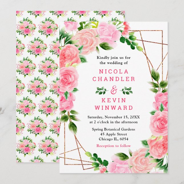 Rosa rosor med blad bröllop inbjudningar (Fram/baksida)