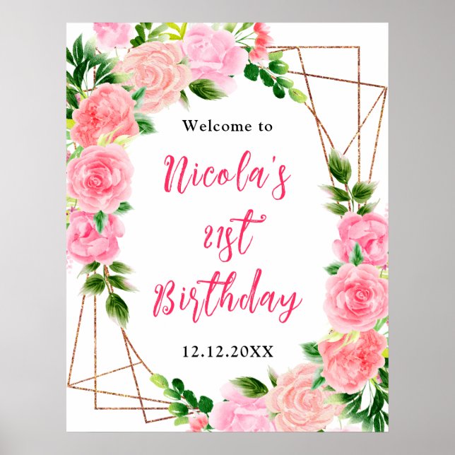Rosa rosor med födelseblad välkommen poster (Framsidan)