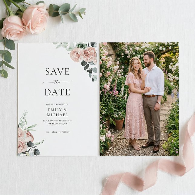 Rosa rosor med foto Elegant bröllop Spara Datumet (Skapare uppladdad)