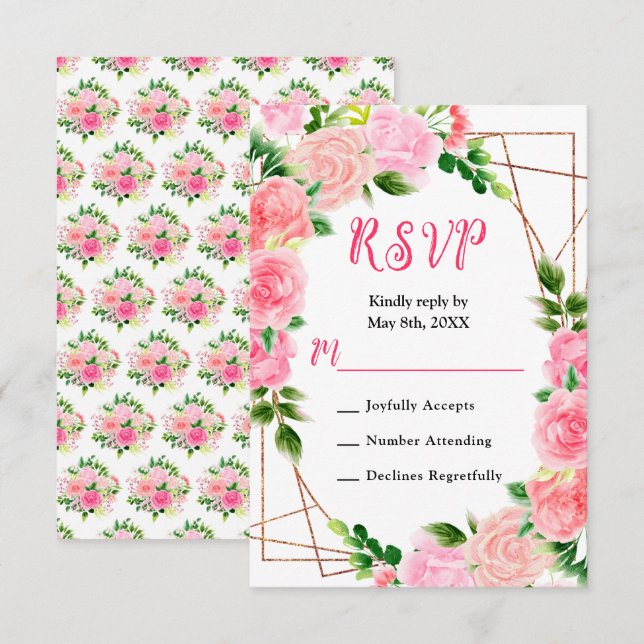 Rosa rosor med lövbröllop OSA kort (Fram/baksida)