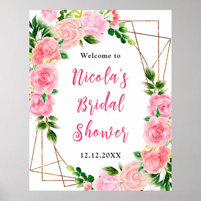 Rosa rosor med lövbröllopsdusch välkommen poster (Framsidan)