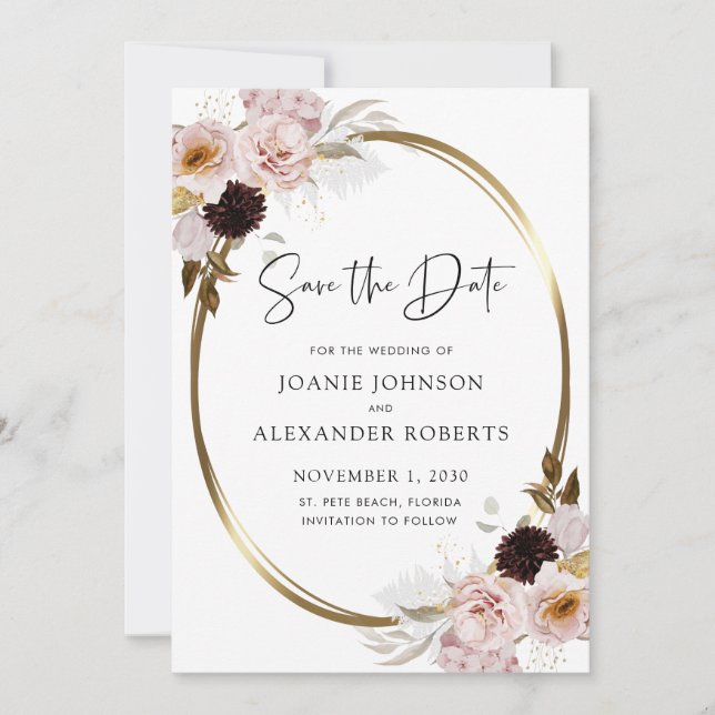 Rosa rosor med metalliskt guld - Rädda datumet Spara Datumet (Framsida)