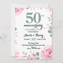 Rosa rosor med salvia grön text årsdag inbjudningar