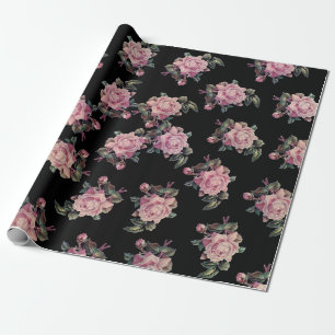 Rosa rosor mörkt blommigt mönster shabby chic-fest presentpapper