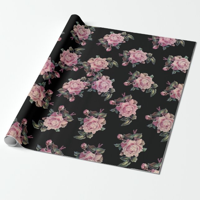 Rosa Rosor Mörkt Blommigt Mönster Shabby Chic Fest Presentpapper (Utrullad)
