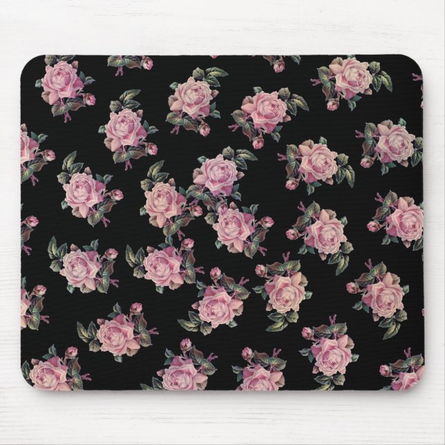 Rosa rosor mörkt blommönster shabby chic musmatta (Framsidan)