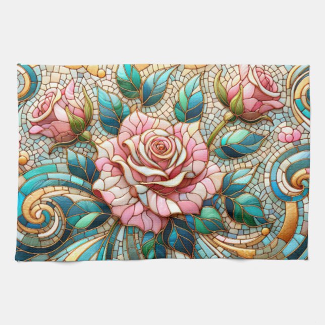 Rosa rosor mosaikglasfönster kökshandduk (Horisontell)