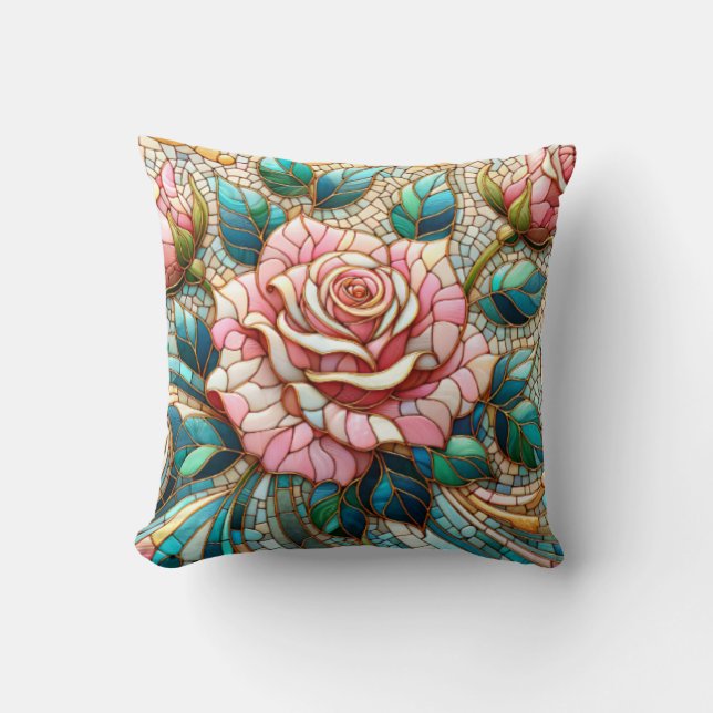 Rosa rosor mosaikglasfönster kudde (Framsida)