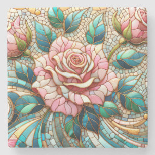 Rosa rosor mosaikglasfönster stenunderlägg