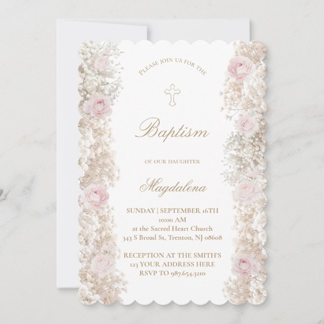 Rosa rosor och Babys Breath-blommor Dop Inbjudningar (Framsida)