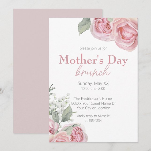 Rosa rosor och babysand Morsdagsbrunch Inbjudningar (Fram/baksida)