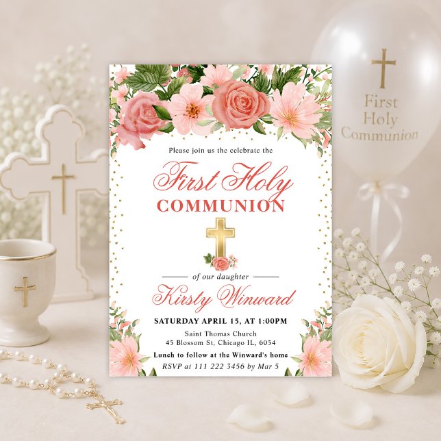 Rosa rosor och blommor första heliga kommunion inbjudningar (Skapare uppladdad)