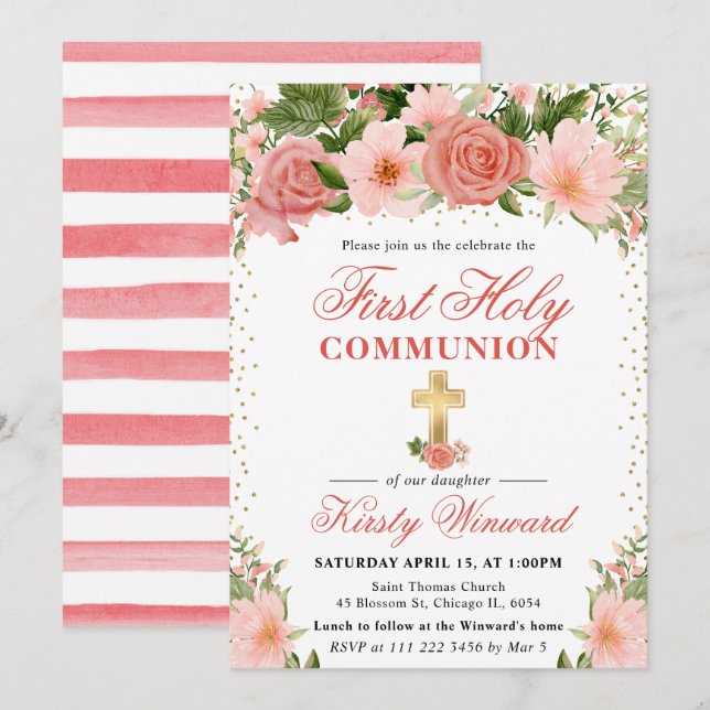 Rosa rosor och blommor Första kommunion Inbjudningar (Fram/baksida)