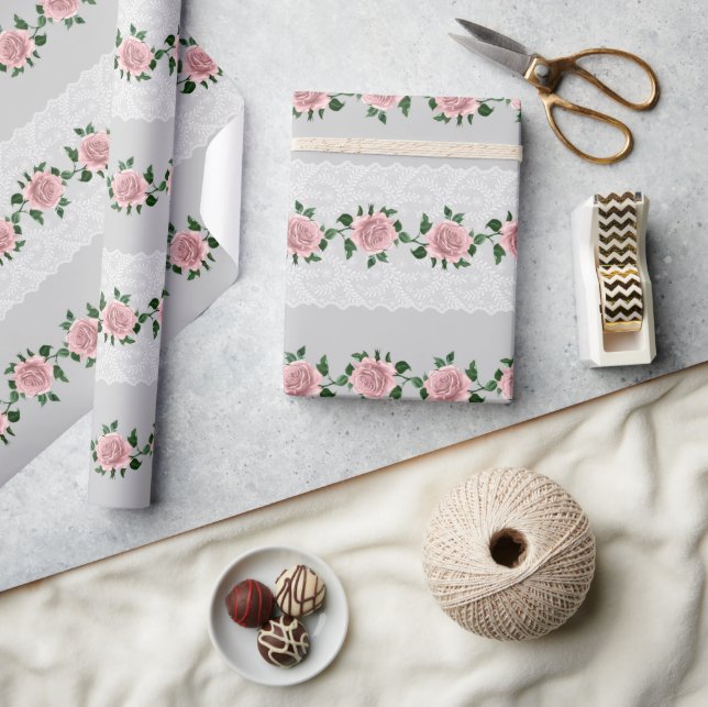 Rosa rosor och bröllopssnår  presentpapper (Hantverk)