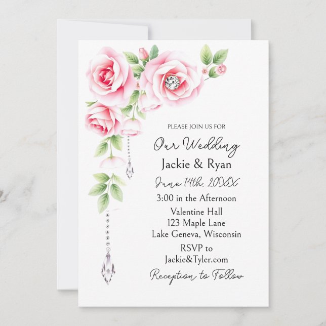 Rosa rosor och diamantbröllop  inbjudningar (Framsida)